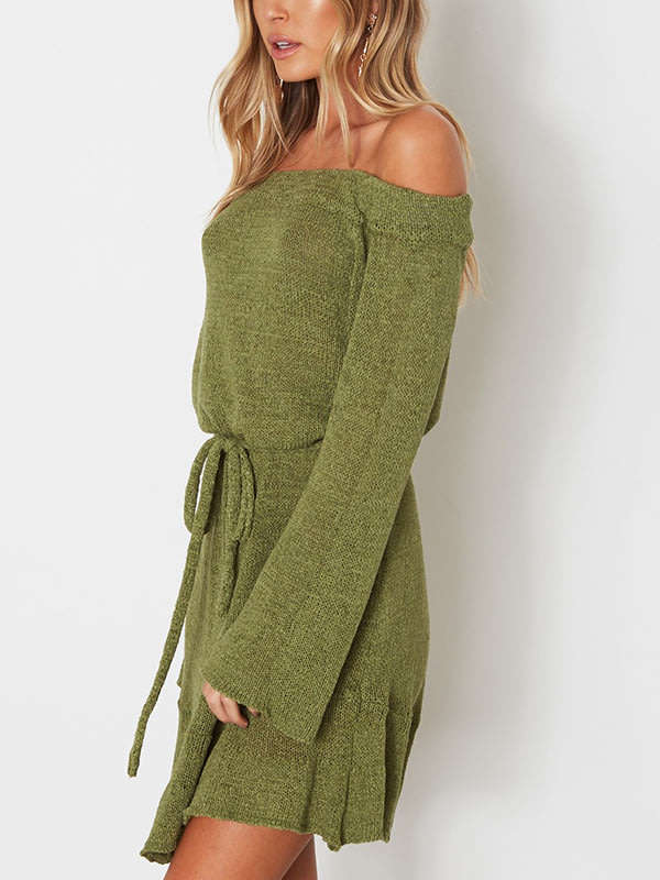 Green Off Shoulder Long Flare Sleeve Ruffle Hem Casual Knitted Mini Dress