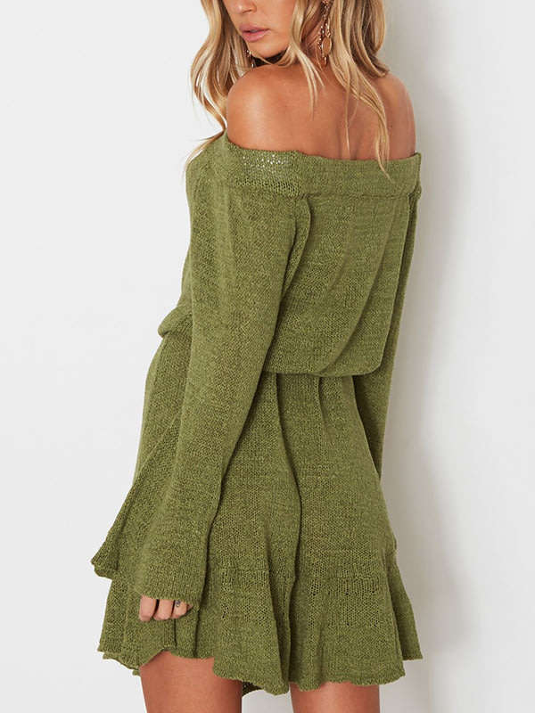 Green Off Shoulder Long Flare Sleeve Ruffle Hem Casual Knitted Mini Dress