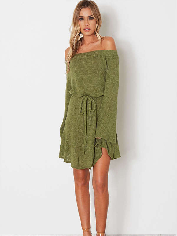 Green Off Shoulder Long Flare Sleeve Ruffle Hem Casual Knitted Mini Dress