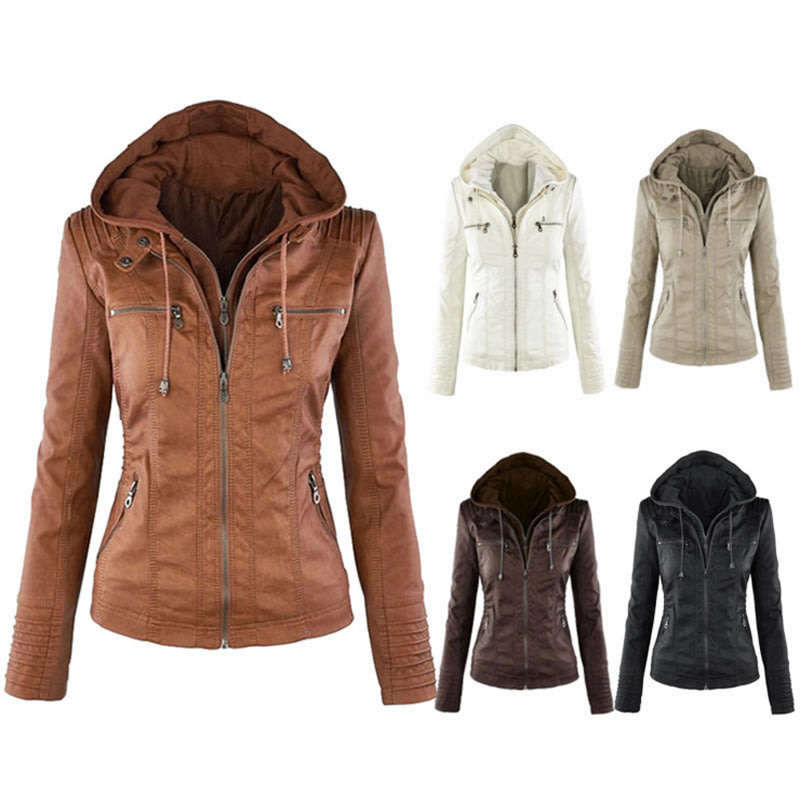 Women's Ladies Hooded Beige Faux Leather Bomber Jacket Zip Up Biker Coats