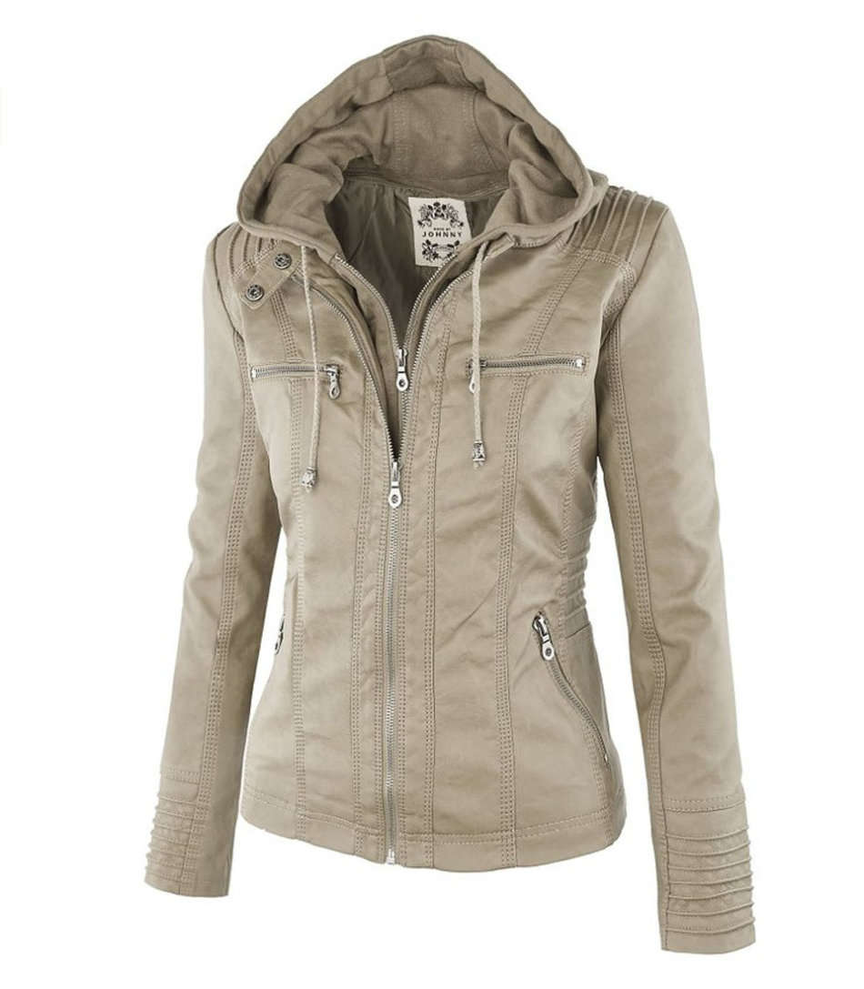 Women's Ladies Hooded Beige Faux Leather Bomber Jacket Zip Up Biker Coats