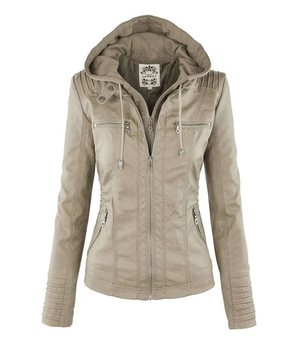 Women's Ladies Hooded Beige Faux Leather Bomber Jacket Zip Up Biker Coats