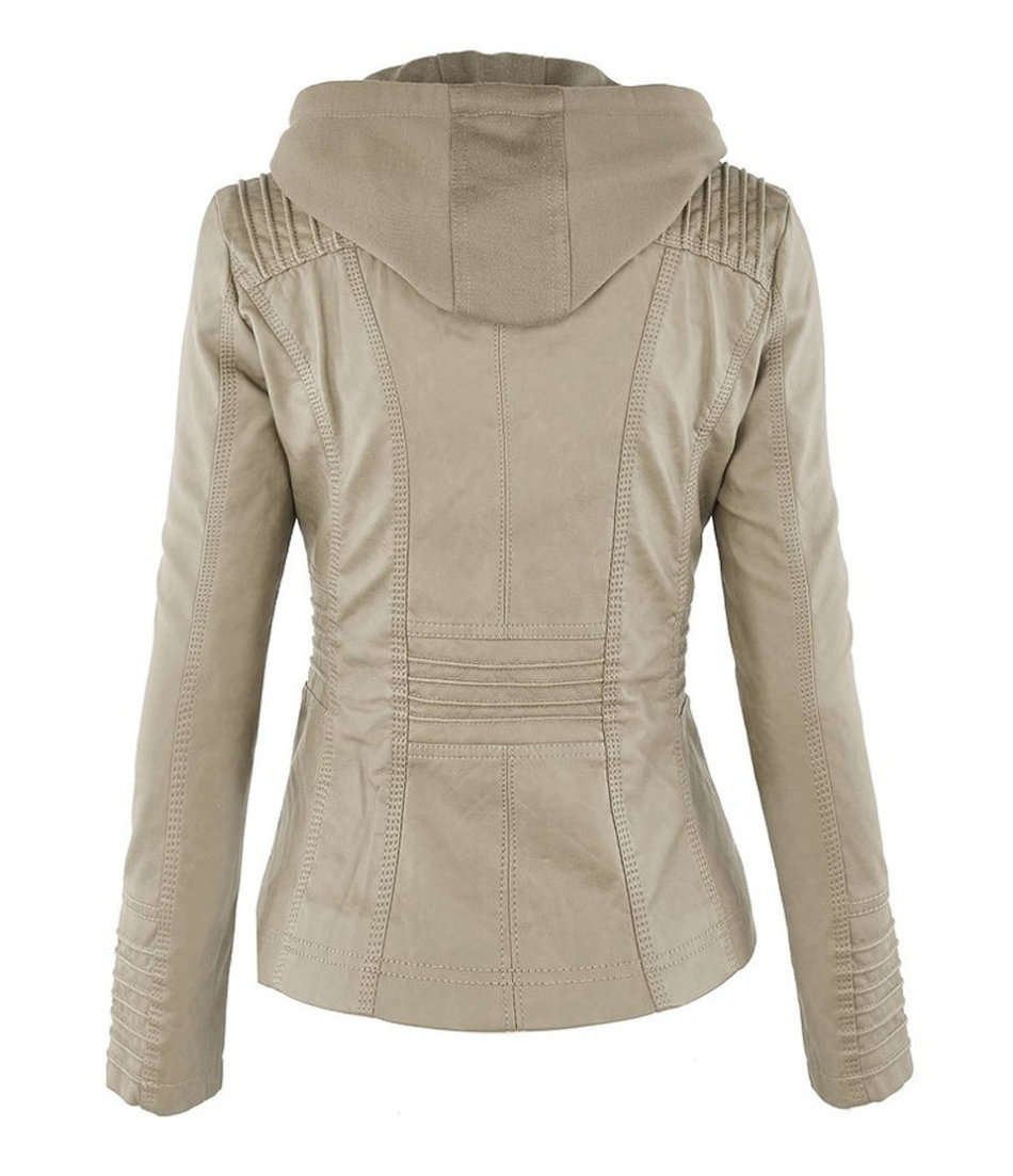 Women's Ladies Hooded Beige Faux Leather Bomber Jacket Zip Up Biker Coats