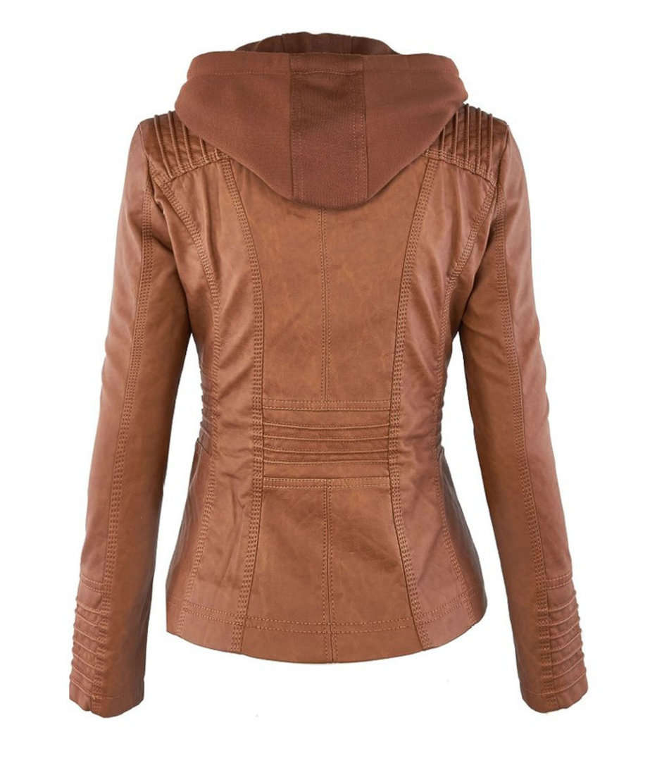 Women's Ladies Hooded Brown Faux Leather Bomber Jacket Zip Up Biker Coats