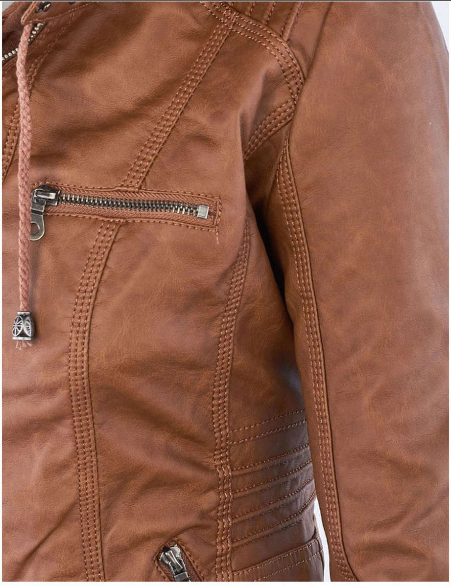 Women's Ladies Hooded Brown Faux Leather Bomber Jacket Zip Up Biker Coats