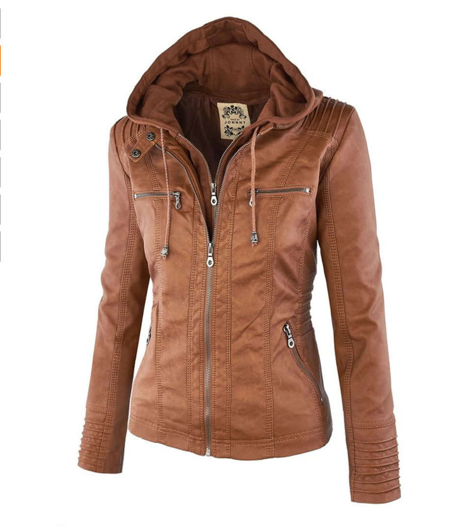 Women's Ladies Hooded Brown Faux Leather Bomber Jacket Zip Up Biker Coats