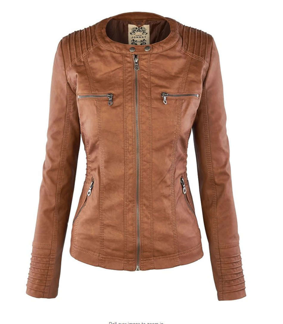 Women's Ladies Hooded Brown Faux Leather Bomber Jacket Zip Up Biker Coats