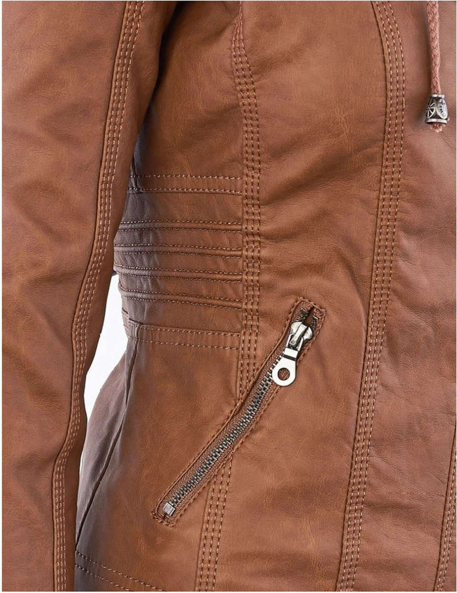 Women's Ladies Hooded Brown Faux Leather Bomber Jacket Zip Up Biker Coats