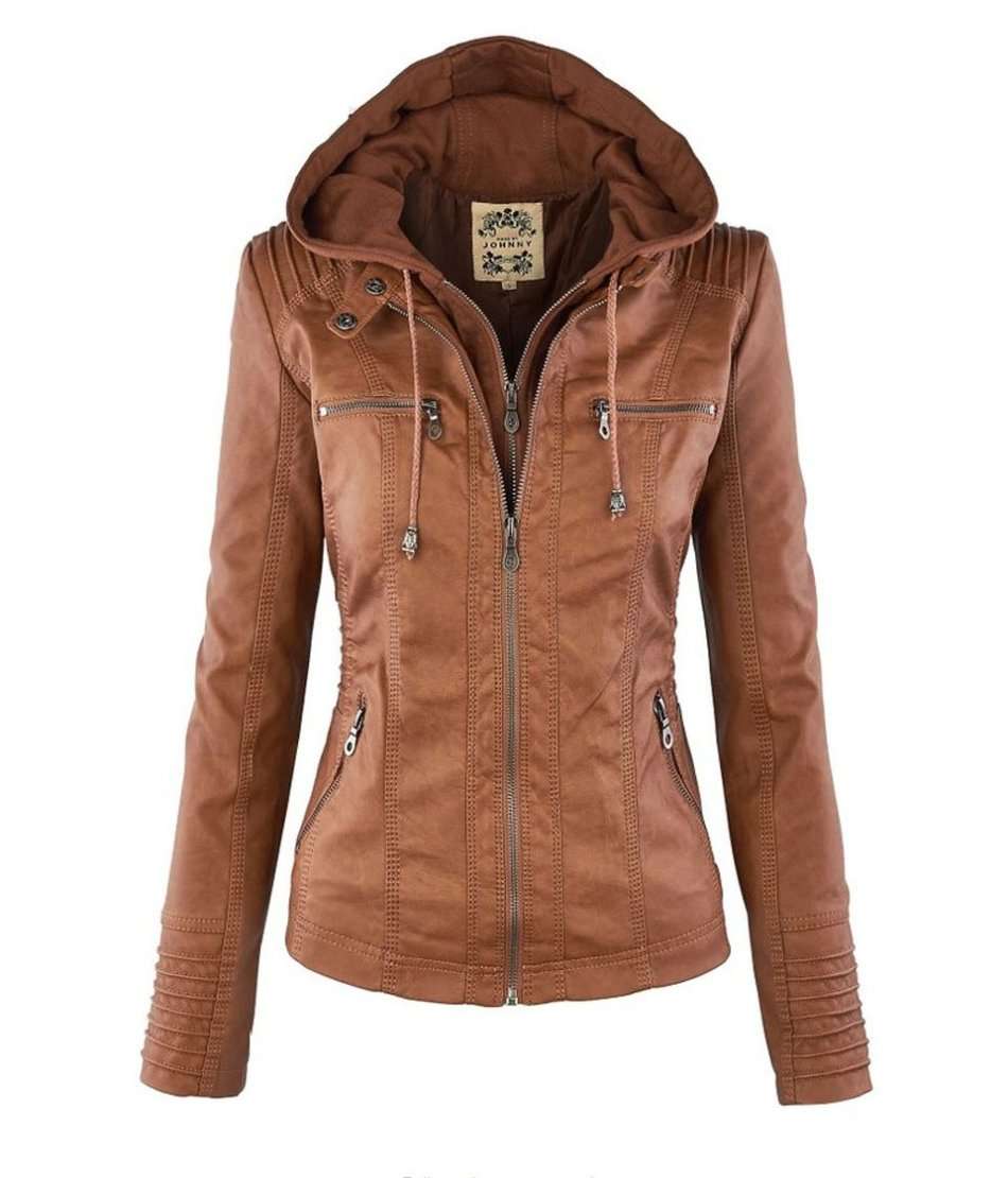 Women's Ladies Hooded Brown Faux Leather Bomber Jacket Zip Up Biker Coats