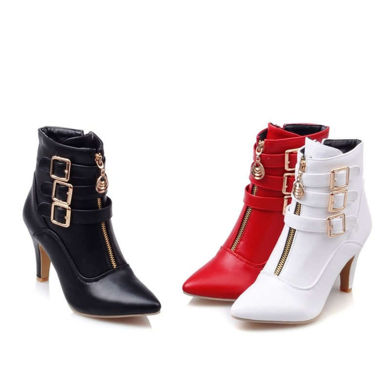 Red Buckle Detail Pointed Toe Double Zipper Ankle Booties Boots - SA Sizes 2-6.5