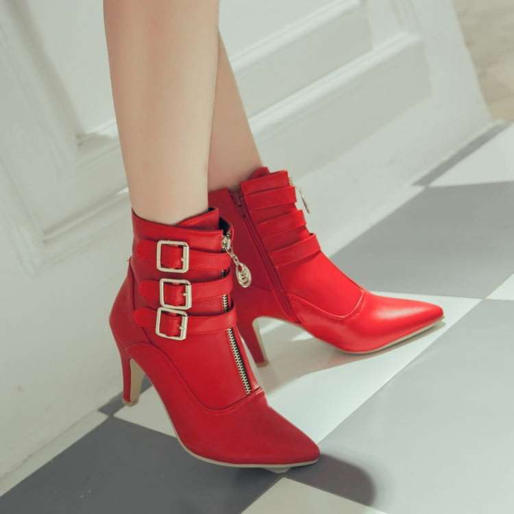 Red Buckle Detail Pointed Toe Double Zipper Ankle Booties Boots - SA Sizes 2-6.5