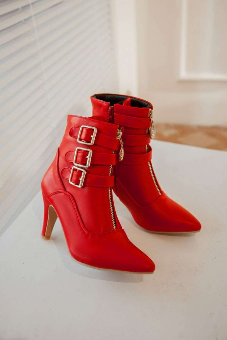 Red Buckle Detail Pointed Toe Double Zipper Ankle Booties Boots - SA Sizes 2-6.5