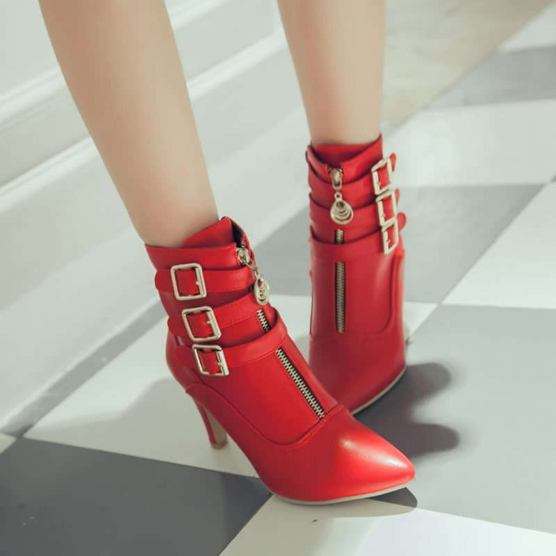 Red Buckle Detail Pointed Toe Double Zipper Ankle Booties Boots - SA Sizes 2-6.5