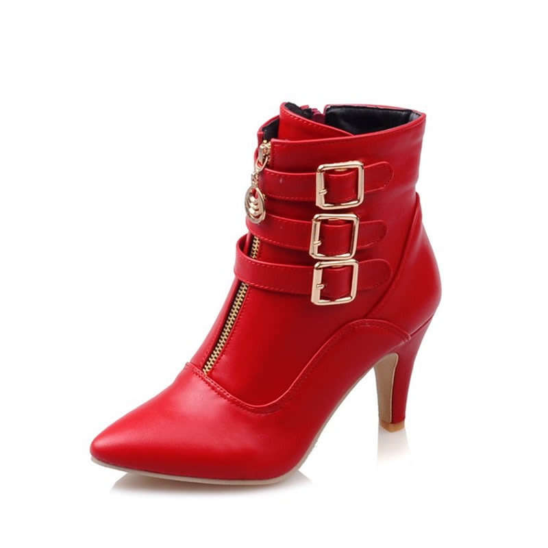 Red Buckle Detail Pointed Toe Double Zipper Ankle Booties Boots - SA Sizes 2-6.5