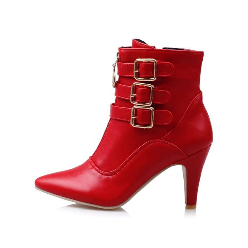 Red Buckle Detail Pointed Toe Double Zipper Ankle Booties Boots - SA Sizes 2-6.5