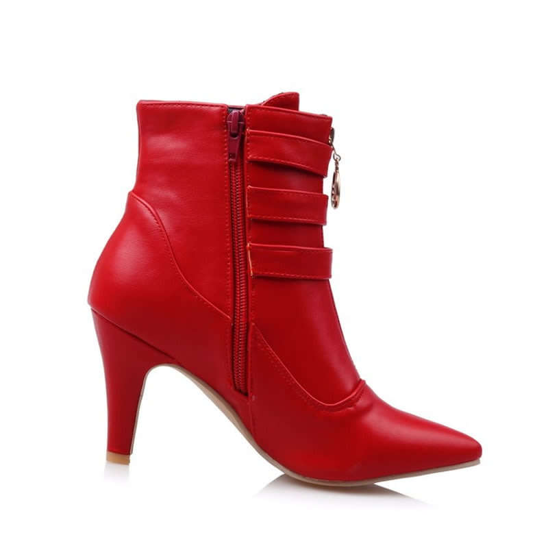 Red Buckle Detail Pointed Toe Double Zipper Ankle Booties Boots - SA Sizes 2-6.5