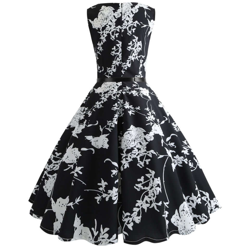 Vintage High Waist Sleeveless Black Floral Print Belted Cocktail Party Swing Dress