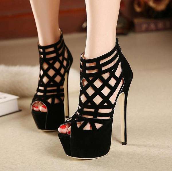 Sexy Black Suede Stiletto High Heel Peep Toe Caged Sandal Shoes - SA Sizes 2-7