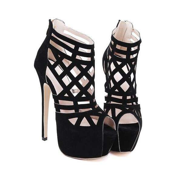 Sexy Black Suede Stiletto High Heel Peep Toe Caged Sandal Shoes - SA Sizes 2-7