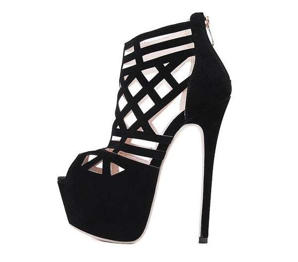 Sexy Black Suede Stiletto High Heel Peep Toe Caged Sandal Shoes - SA Sizes 2-7
