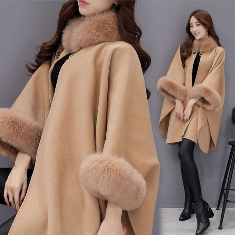 Women Faux Fur Collar Camel Long Coat Shawl Cloak - S/M/L/XL