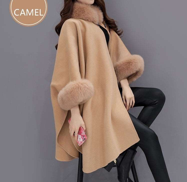 Women Faux Fur Collar Camel Long Coat Shawl Cloak - S/M/L/XL