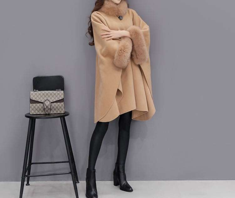 Women Faux Fur Collar Camel Long Coat Shawl Cloak - S/M/L/XL