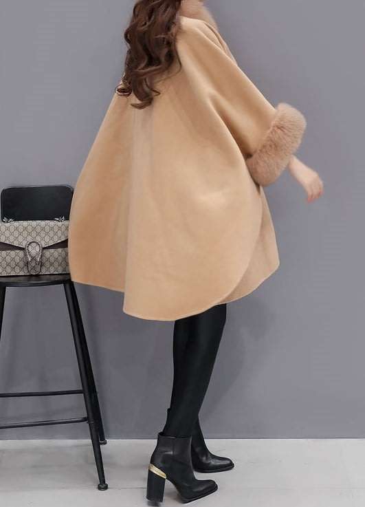Women Faux Fur Collar Camel Long Coat Shawl Cloak - S/M/L/XL