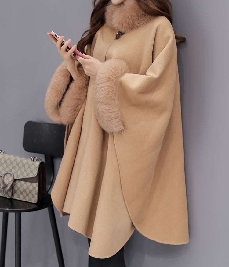 Women Faux Fur Collar Camel Long Coat Shawl Cloak - S/M/L/XL