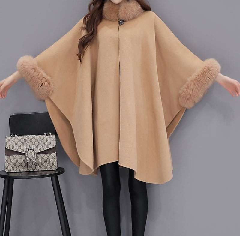 Women Faux Fur Collar Camel Long Coat Shawl Cloak - S/M/L/XL