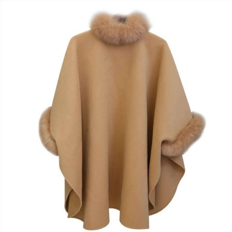 Women Faux Fur Collar Camel Long Coat Shawl Cloak - S/M/L/XL