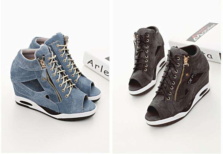 Sexy Black Zipper Up Open Toe Denim Wedge Sneaker Shoes For Women - SA Size 2-7