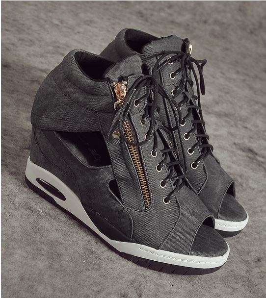 Sexy Black Zipper Up Open Toe Denim Wedge Sneaker Shoes For Women - SA Size 2-7