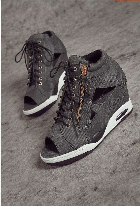 Sexy Black Zipper Up Open Toe Denim Wedge Sneaker Shoes For Women - SA Size 2-7