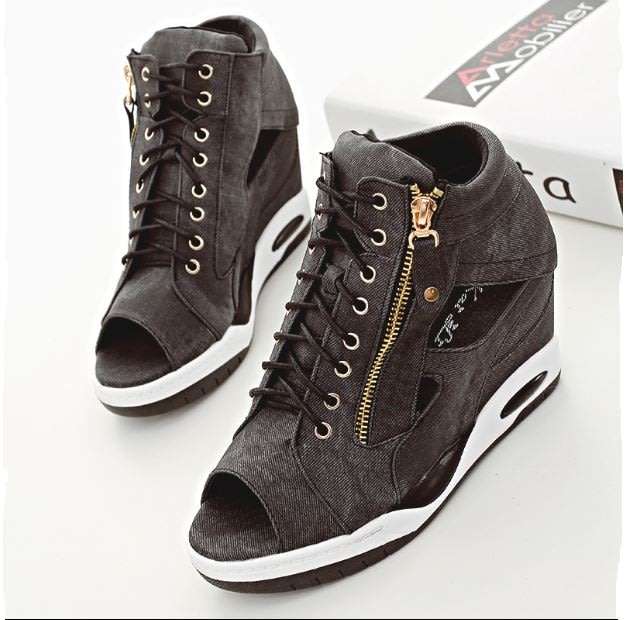 Sexy Black Zipper Up Open Toe Denim Wedge Sneaker Shoes For Women - SA Size 2-7