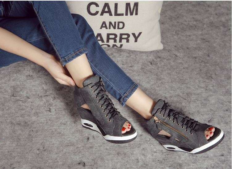 Sexy Black Zipper Up Open Toe Denim Wedge Sneaker Shoes For Women - SA Size 2-7