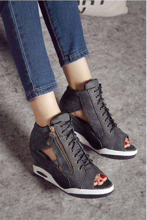 Sexy Black Zipper Up Open Toe Denim Wedge Sneaker Shoes For Women - SA Size 2-7