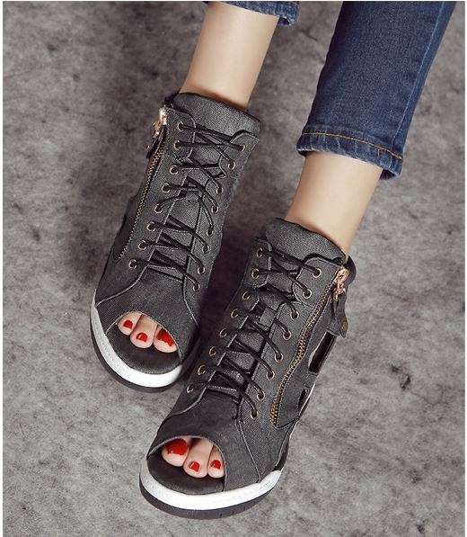 Sexy Black Zipper Up Open Toe Denim Wedge Sneaker Shoes For Women - SA Size 2-7