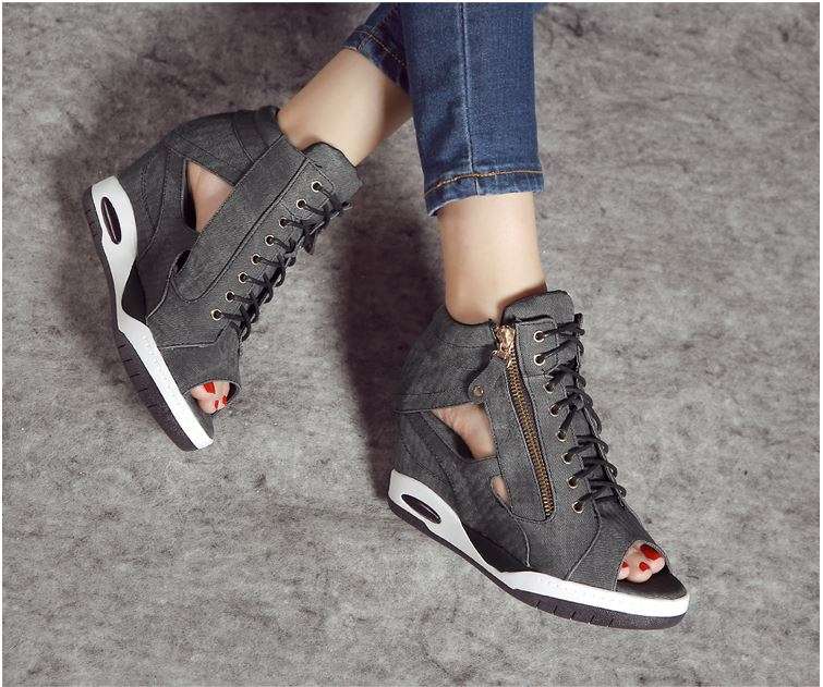 Sexy Black Zipper Up Open Toe Denim Wedge Sneaker Shoes For Women - SA Size 2-7