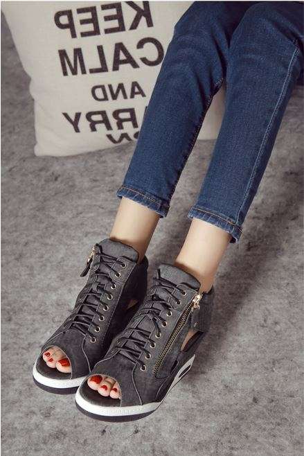 Sexy Black Zipper Up Open Toe Denim Wedge Sneaker Shoes For Women - SA Size 2-7