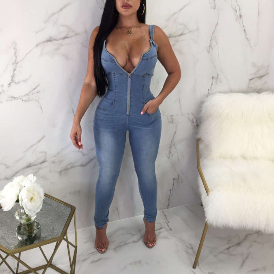 Sexy Zipper Dark Denim Stone Wash Stretch Jumpsuit - S/M/L/XL