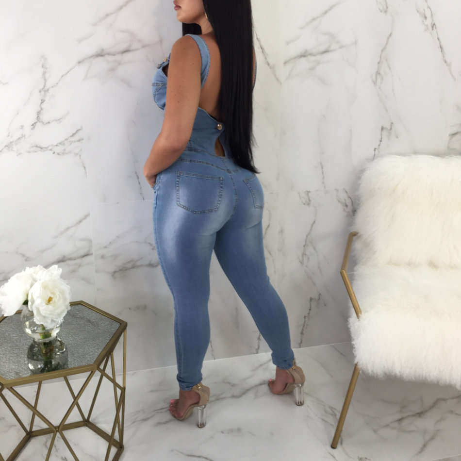 Sexy Zipper Dark Denim Stone Wash Stretch Jumpsuit - S/M/L/XL