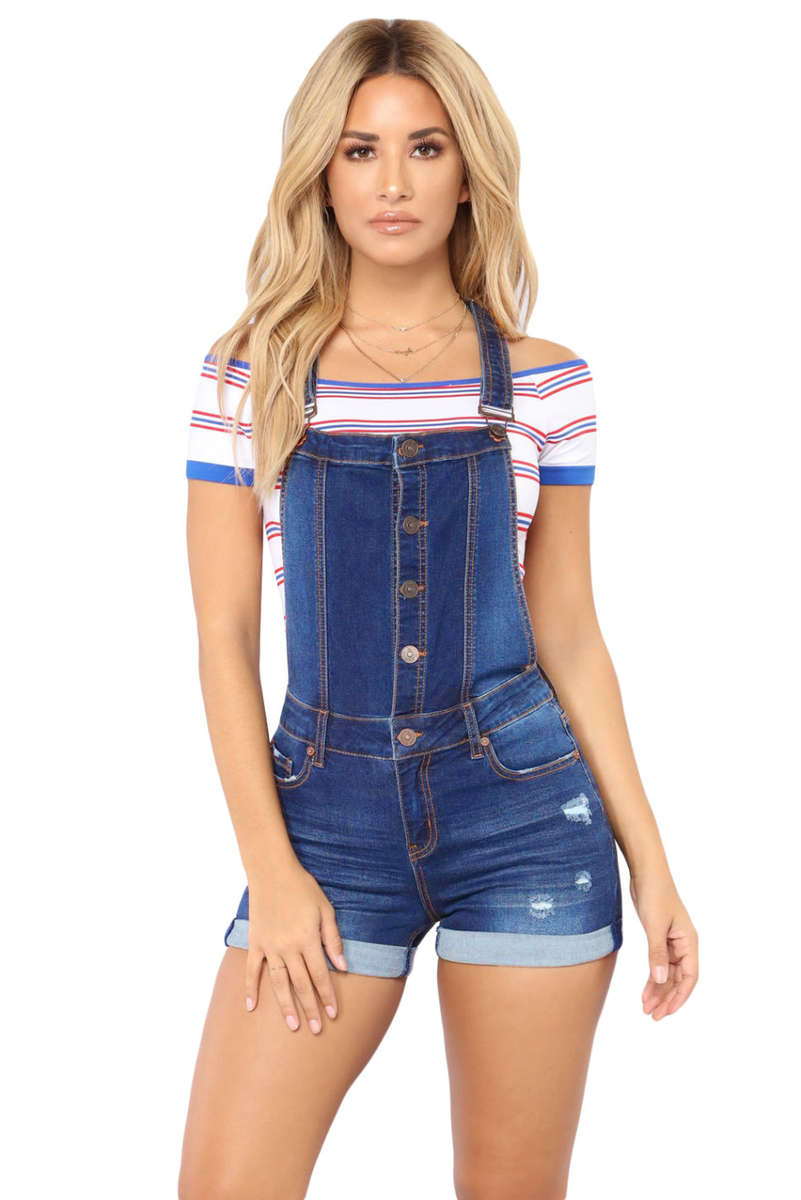 Dark Blue Denim Short Button Down Dungaree Playsuit
