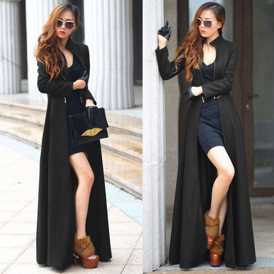 Women Black Long Sleeve Detachable Maxi Coat