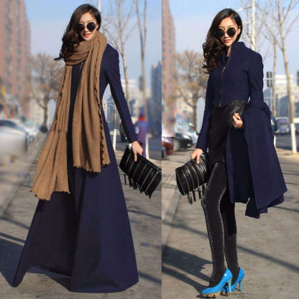 Women Dark Blue Long Sleeve Detachable Maxi Coat