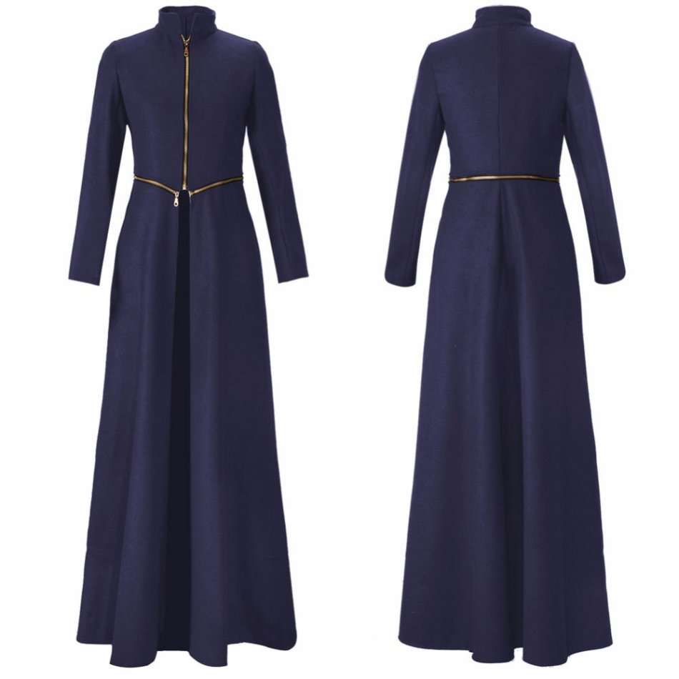 Women Dark Blue Long Sleeve Detachable Maxi Coat