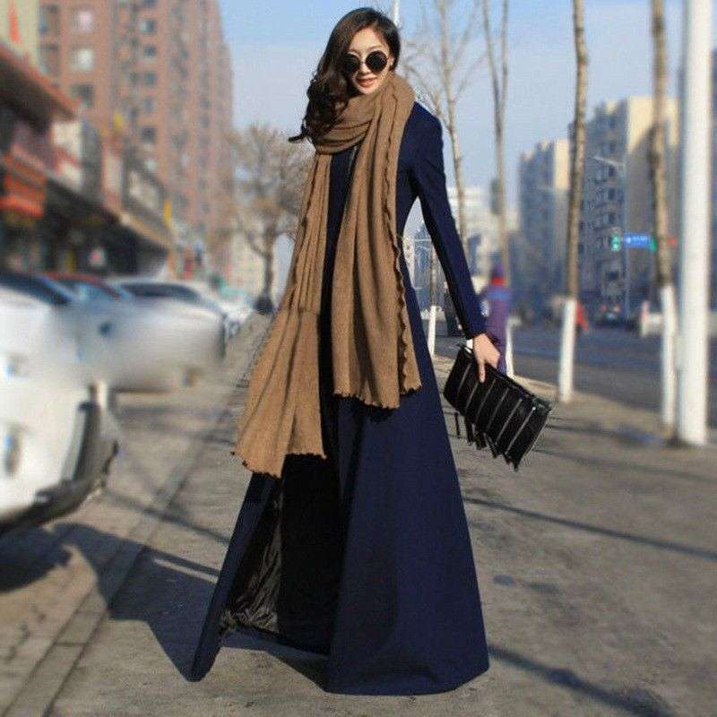 Women Dark Blue Long Sleeve Detachable Maxi Coat