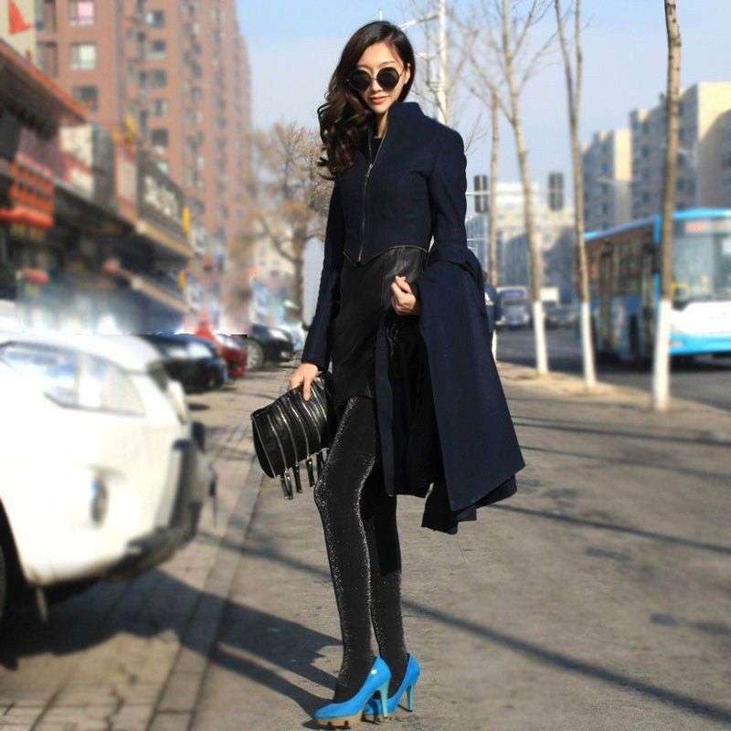 Women Dark Blue Long Sleeve Detachable Maxi Coat
