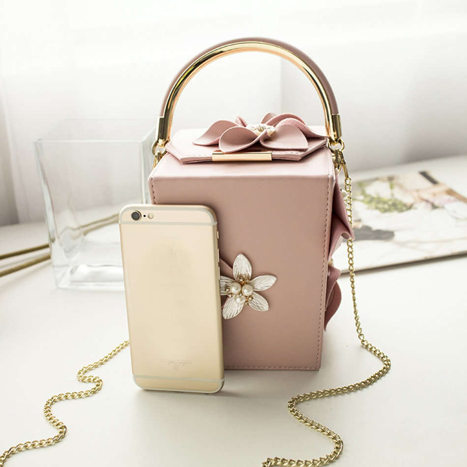Women Pink Floral Pearl Shoulder Handbags