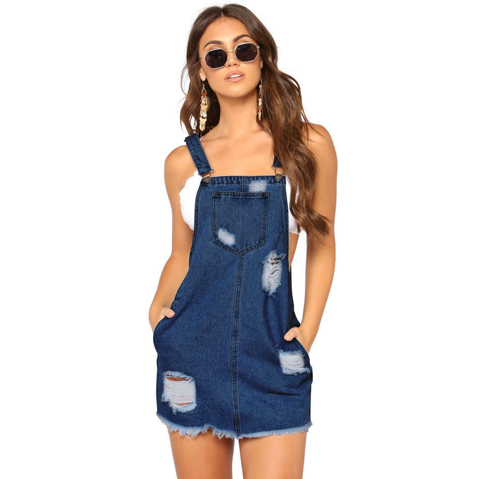 Blue Denim Raw Hem Ripped Casual Mini Dungaree Dress
